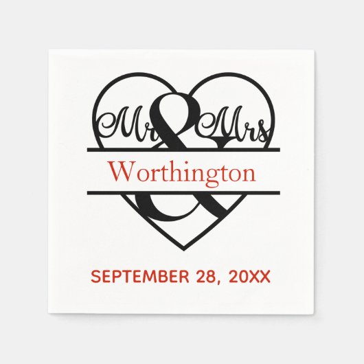 Serviette En Papier Monogramme M. et Mme Red Black Mariage (Devant)