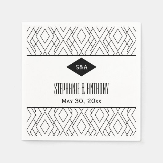 Serviette En Papier Monogramme Mariage Art déco noir et blanc (Devant)