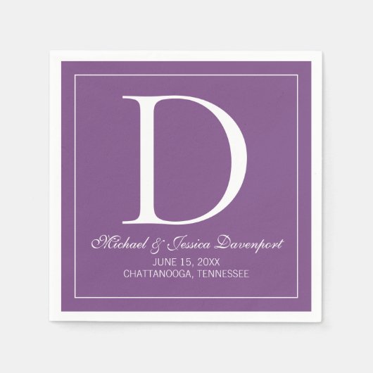 Serviette En Papier Monogramme Mariage blanc violet élégant moderne (Devant)