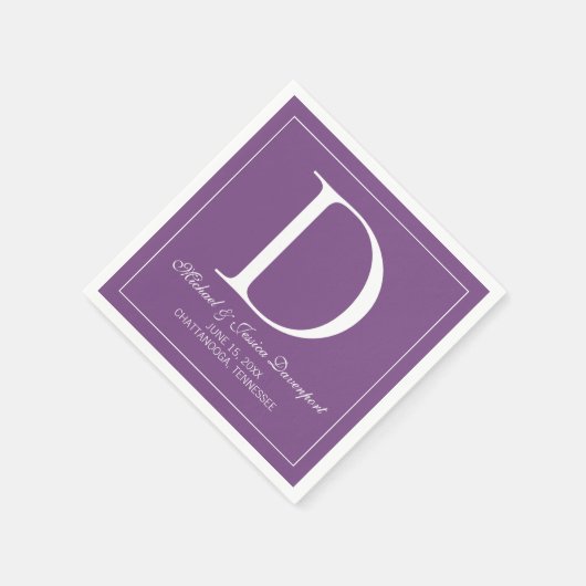 Serviette En Papier Monogramme Mariage blanc violet élégant moderne (Coin)