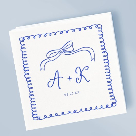 Serviette En Papier Monogramme Mariage bleu français tiré à la main