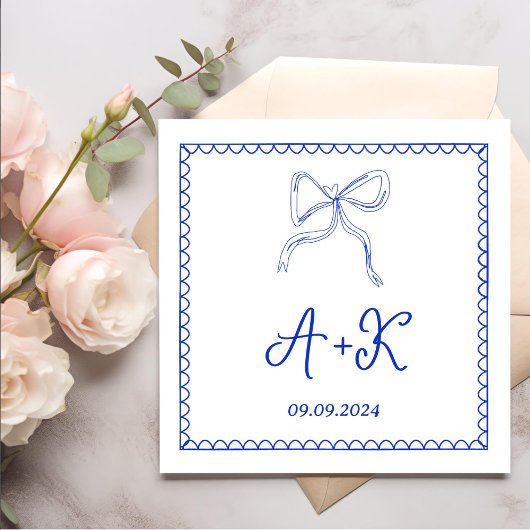 Serviette En Papier Monogramme Mariage bleu français tiré à la main