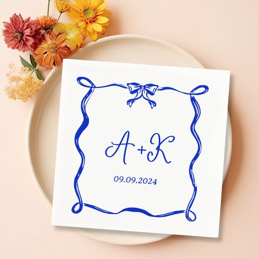 Serviette En Papier Monogramme Mariage bleu français tiré à la main