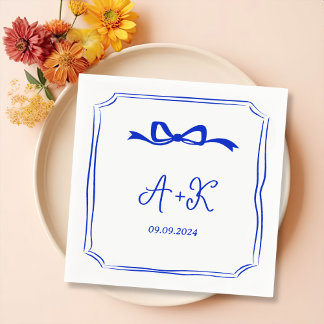 Serviette En Papier Monogramme Mariage bleu français tiré à la main