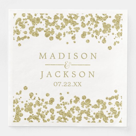 Serviette En Papier Monogramme Mariage Confetti Blanc & Or (Devant)