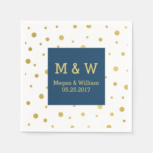 Serviette En Papier Monogramme Mariage de Confetti en or bleu marine (Devant)