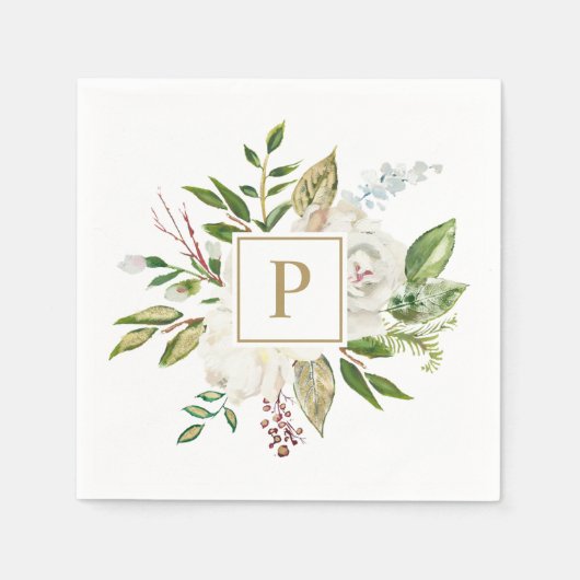 Serviette En Papier Monogramme Mariage de fleurs dorées (Devant)