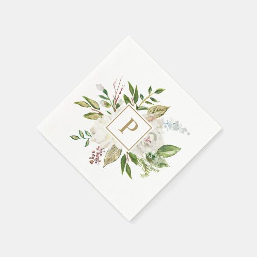 Serviette En Papier Monogramme Mariage de fleurs dorées (Coin)