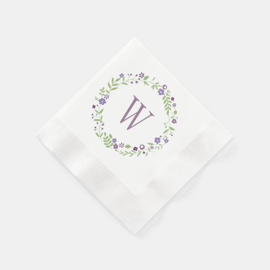 Serviette En Papier Monogramme Mariage de germe vert violet rustique (Coin)