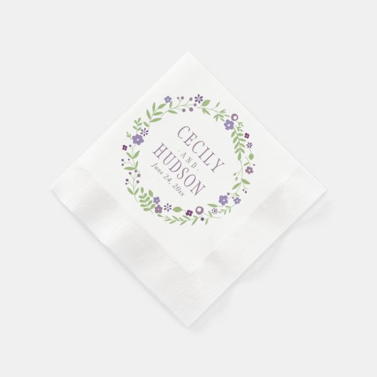 Serviette En Papier Monogramme Mariage de germe vert violet rustique (Coin)