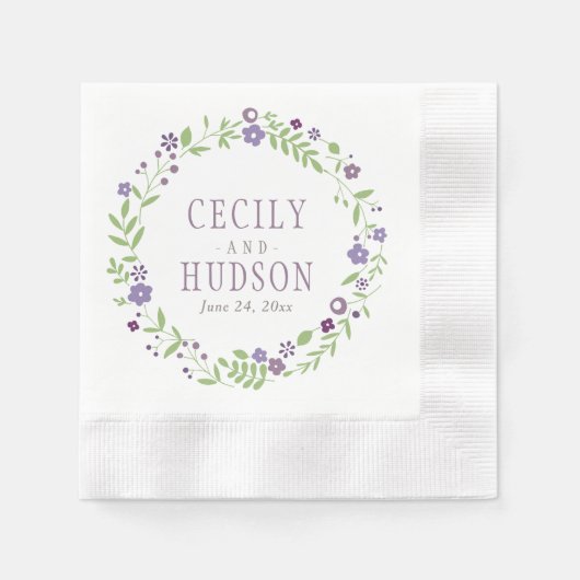 Serviette En Papier Monogramme Mariage de germe vert violet rustique (Devant)