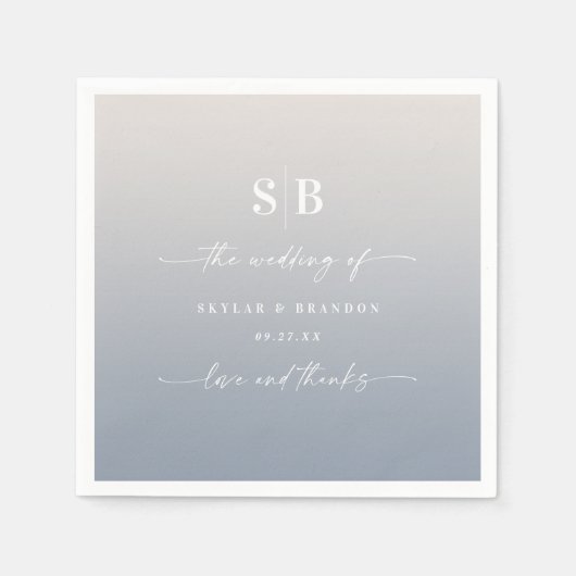 Serviette En Papier Monogramme Mariage doux Ombre Dusty Blue & Gardeni (Devant)