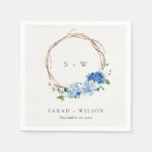 Serviette En Papier Monogramme Mariage en bois floral bleu vif (Devant)