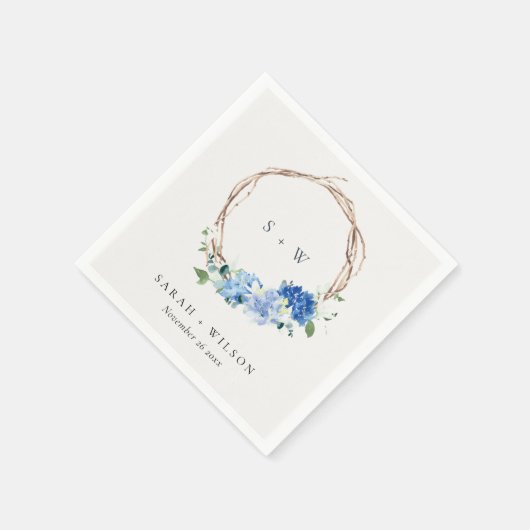Serviette En Papier Monogramme Mariage en bois floral bleu vif (Coin)