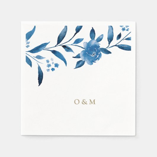 Serviette En Papier Monogramme Mariage floral bleu (Devant)