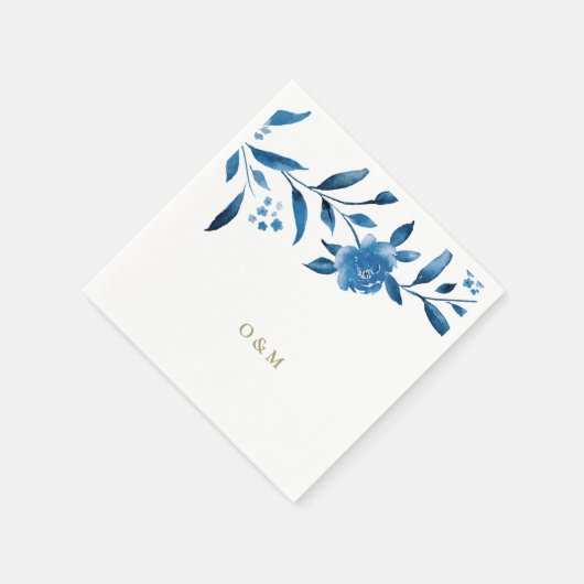 Serviette En Papier Monogramme Mariage floral bleu (Coin)