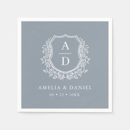 Serviette En Papier Monogramme Mariage Floral Dusty Blue Crest (Devant)