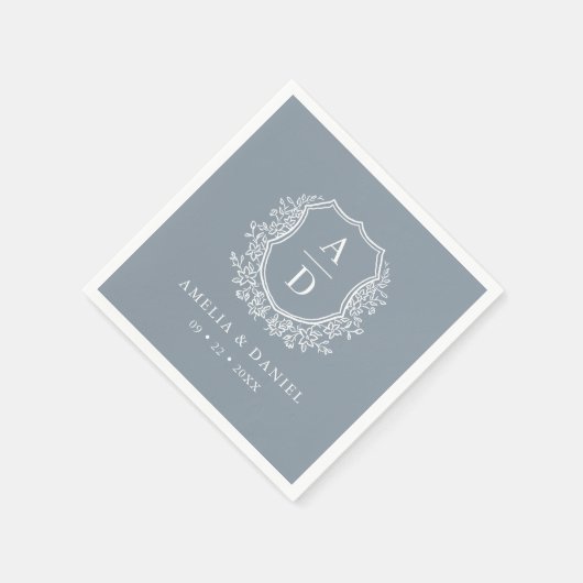 Serviette En Papier Monogramme Mariage Floral Dusty Blue Crest (Coin)