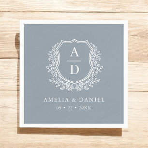 Serviette En Papier Monogramme Mariage Floral Dusty Blue Crest