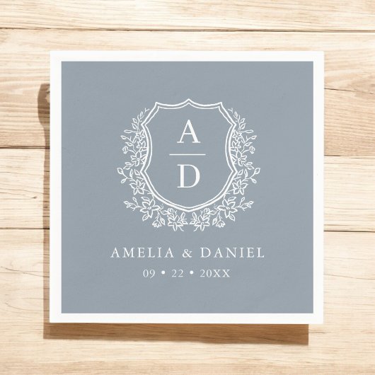 Serviette En Papier Monogramme Mariage Floral Dusty Blue Crest