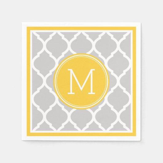 Serviette En Papier Monogramme Mariage gris et jaune de Quatrefoil (Devant)