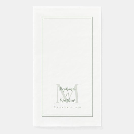 Serviette En Papier Monogramme Mariage moderne Noms et Date Sage Vert (Devant)