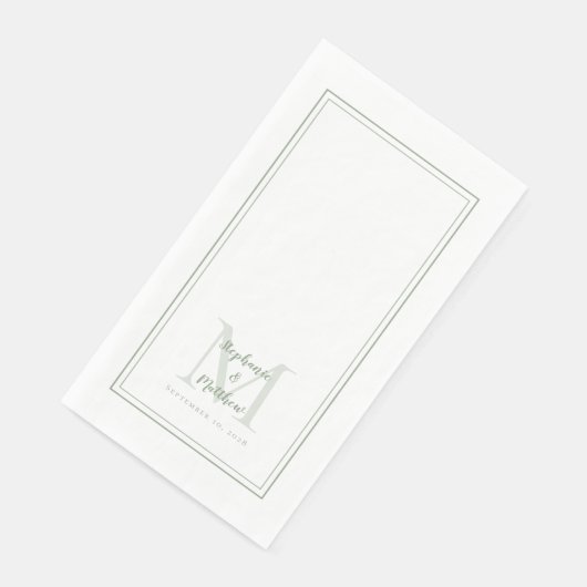 Serviette En Papier Monogramme Mariage moderne Noms et Date Sage Vert (Coin)