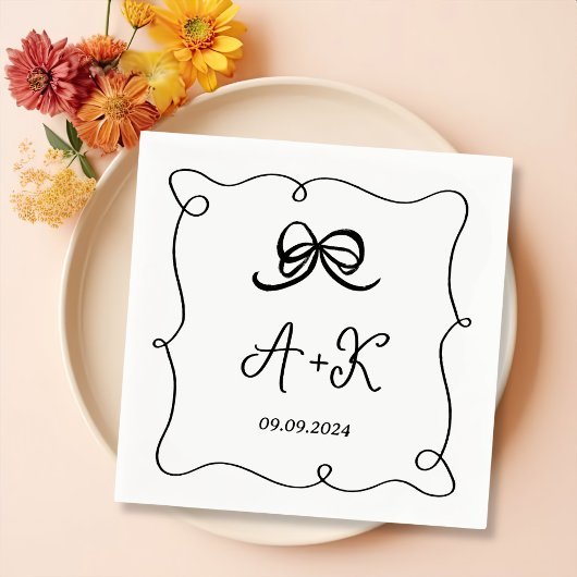 Serviette En Papier Monogramme Mariage noir français tiré à la main