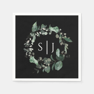 Serviette En Papier Monogramme Mariage noir vert moderne