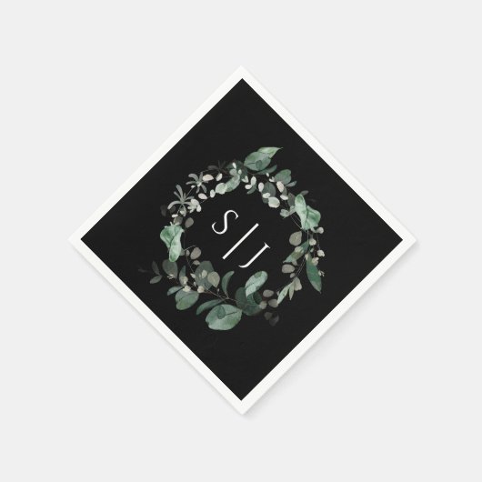 Serviette En Papier Monogramme Mariage noir vert moderne (Coin)