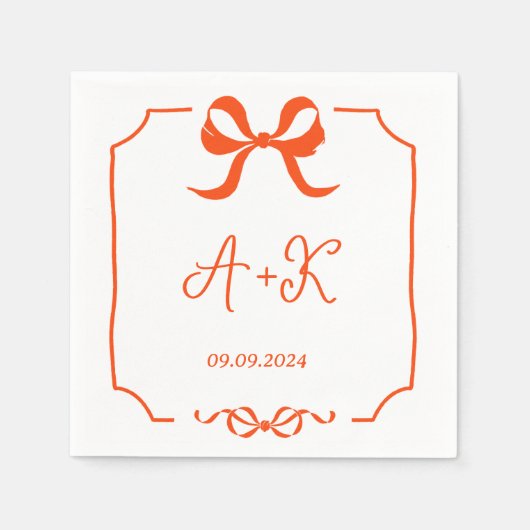 Serviette En Papier Monogramme Mariage orange français tiré à la main (Devant)