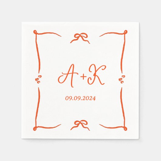 Serviette En Papier Monogramme Mariage orange français tiré à la main (Devant)