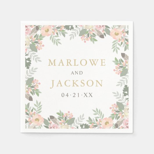 Serviette En Papier Monogramme Mariage rose et or Floral Boho (Devant)