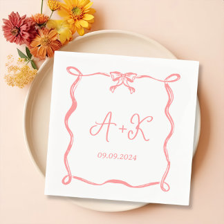 Serviette En Papier Monogramme Mariage rose français tiré à la main