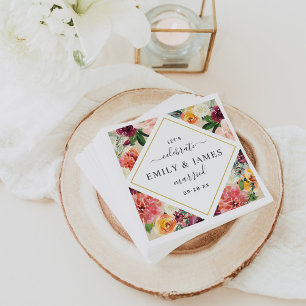 Serviette En Papier Monogramme Mariage Rustique Floral Diamant Bourgog