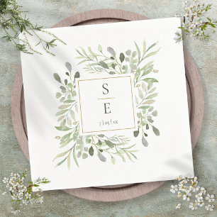 Serviette En Papier Monogramme Mariage Verdure Foliage Gold Napkins
