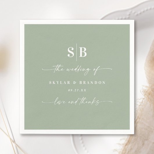 Serviette En Papier Monogramme Mariage vert clair couleur simple