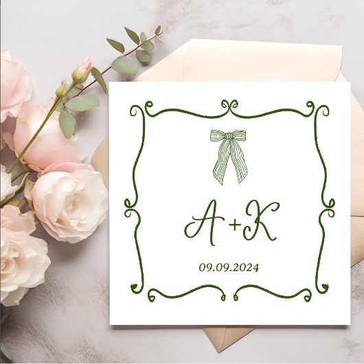Serviette En Papier Monogramme Mariage vert français tiré à la main