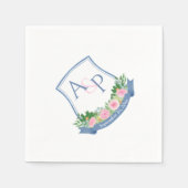 Serviette En Papier Monogramme Marine Bleu rose Roses Mariage Crest (Devant)
