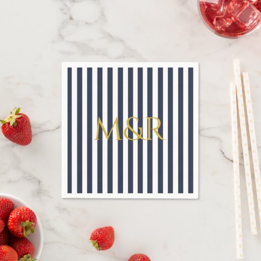 Serviette En Papier Monogramme Marine Bleu Stripes Mariage rayé (En situation)