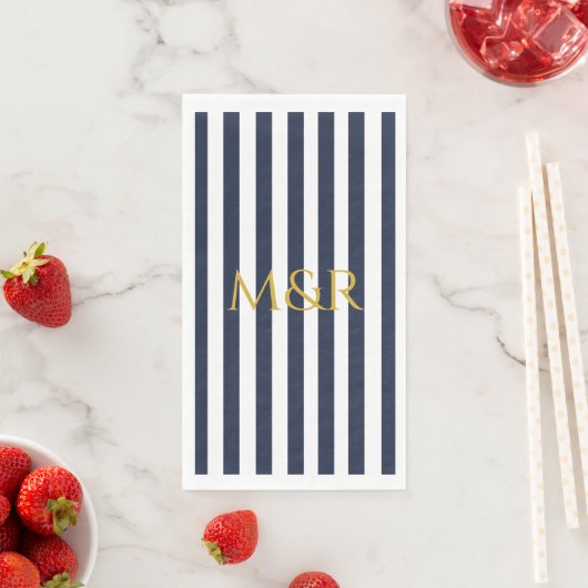 Serviette En Papier Monogramme Marine Bleu Stripes Mariage rayé (En situation)