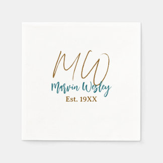 Serviette En Papier Monogramme marron bleu turquoise année simple mini