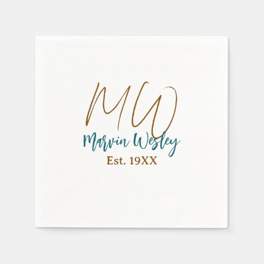 Serviette En Papier Monogramme marron bleu turquoise année simple mini (Devant)