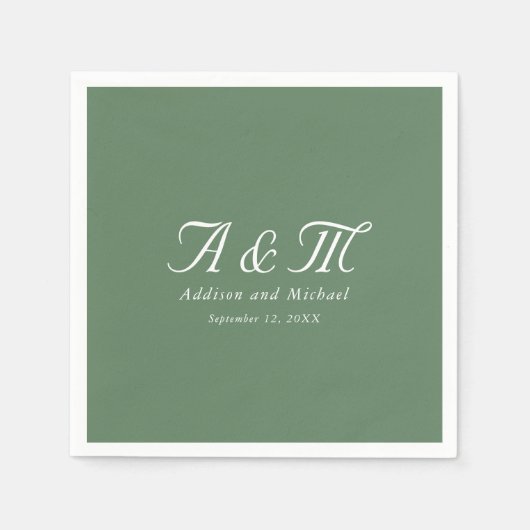 Serviette En Papier Monogramme, Minimal, Élégant, Mariage vert en poud (Devant)