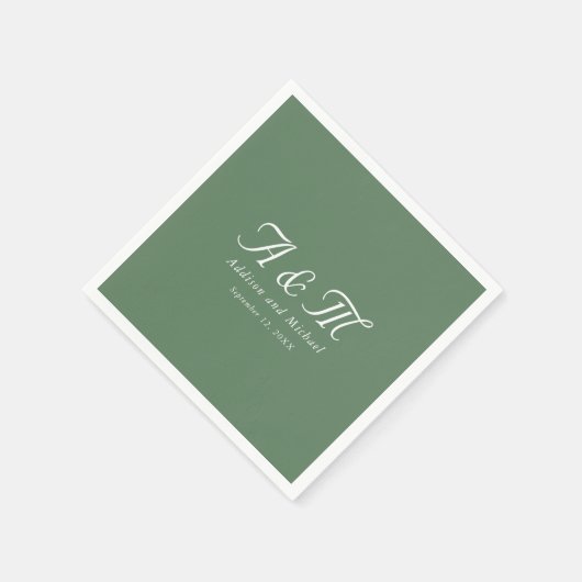 Serviette En Papier Monogramme, Minimal, Élégant, Mariage vert en poud (Coin)