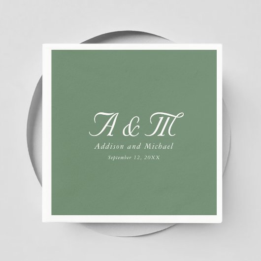 Serviette En Papier Monogramme, Minimal, Élégant, Mariage vert en poud