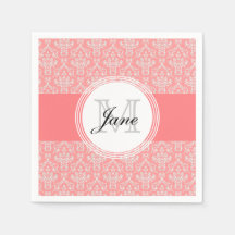 Monogramme moderne Damask Napkin Corail
