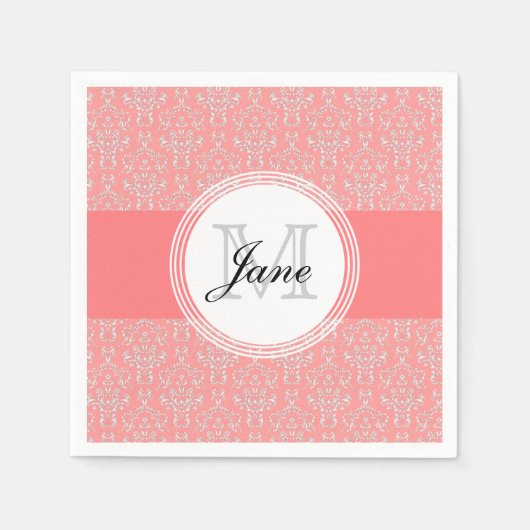 Serviette En Papier Monogramme moderne Damask Napkin Corail (Devant)