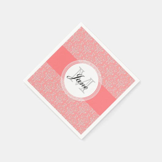 Serviette En Papier Monogramme moderne Damask Napkin Corail (Coin)