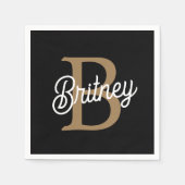 Serviette En Papier Monogramme moderne élégant Nom Black Gold Script (Devant)